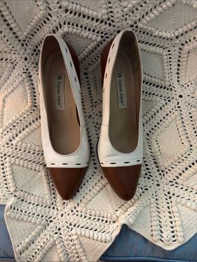 Etienne Aigner White and Brown Pointed Toe Two-Tone Pumps